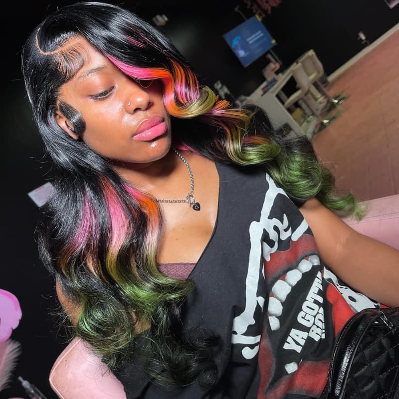 SWAY Black With Ombre Pink Ginger Green Streaks 13x4 Lace Front Virgin Human Hair Wigs 200 Density