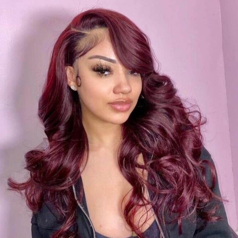 SWAY 250 300 Density Dark Cherry Burgundy Red Wavy 13x4 Lace Front Virgin Human Hair Wig