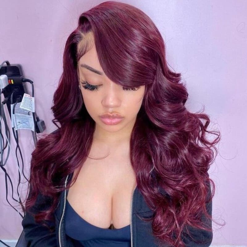 SWAY 250 300 Density Dark Cherry Burgundy Red Wavy 13x4 Lace Front Virgin Human Hair Wig