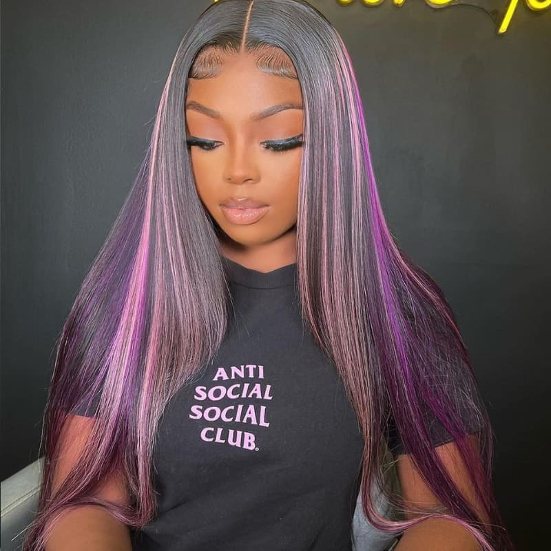 SWAY 32 34 inch Black With Purple Bone Straight Highlights 13x4 Lace Front Human Hair Wigs 200 Density
