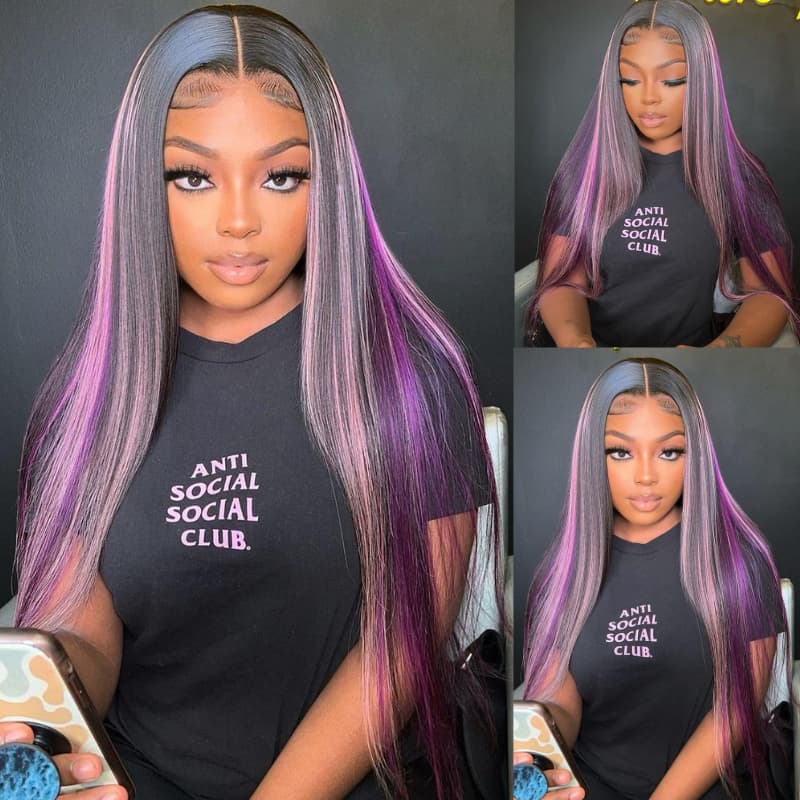 SWAY 32 34 inch Black With Purple Bone Straight Highlights 13x4 Lace Front Human Hair Wigs 200 Density