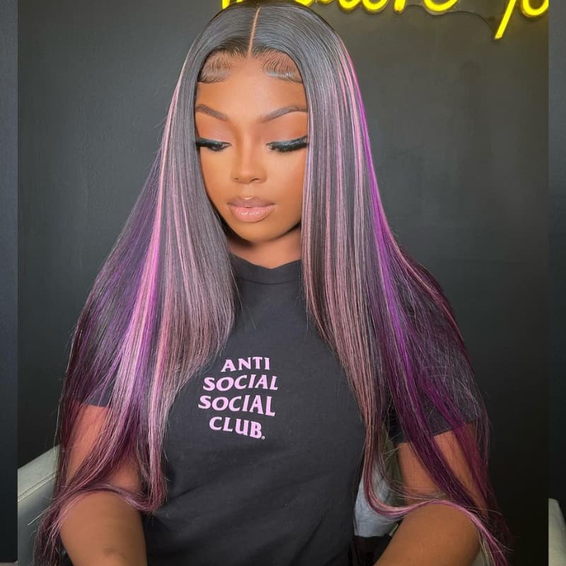 SWAY 32 34 inch Black With Purple Bone Straight Highlights 13x4 Lace Front Human Hair Wigs 200 Density