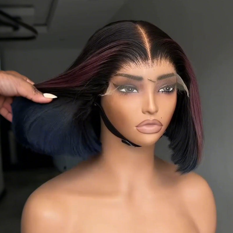 SWAY Summer Short Bob Wig Airflow Breathability Open-wefted Cap Black with Plum Burgundy Purple Highlights
