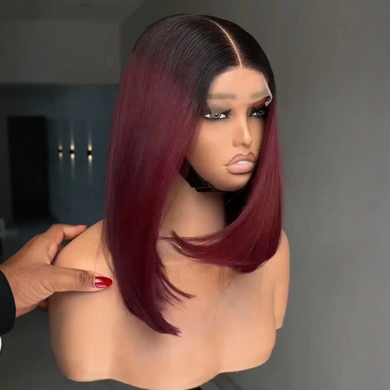 SWAY 8 10 12 inch Short Bob Burgundy Red With Dark Roots 13X4 Lace Front Human Hair Wigs