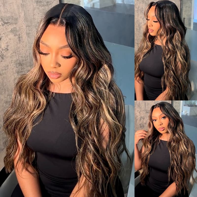 SWAY Balayage Brown Highlights Beach Body Wave 13x4 Lace Front Human Hair Wigs