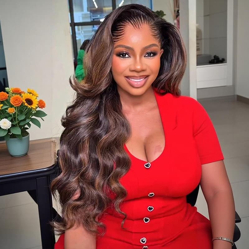 SWAY Balayage Brown Highlights Body Wave 13x4 Lace Front Human Hair Wigs 300 Density