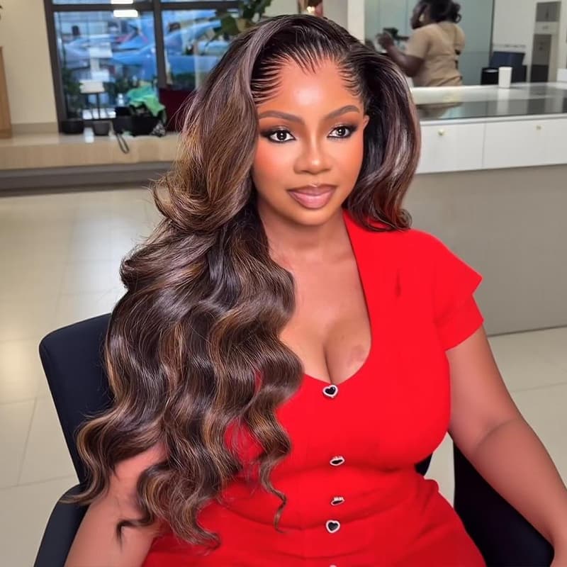 SWAY Balayage Brown Highlights Body Wave 13x4 Lace Front Human Hair Wigs 300 Density