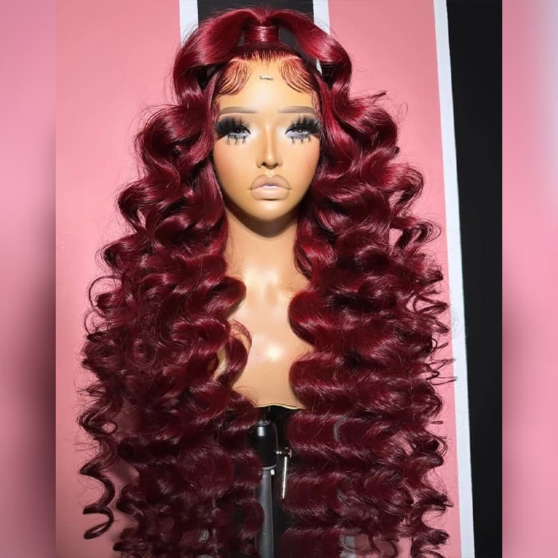 SWAY Black Burgundy Red Voluminous Bouncy Loose Curls 300 Density 13x4 Lace Front Human Hair Wig
