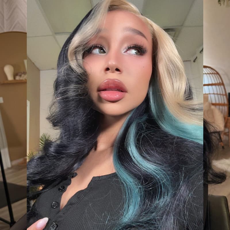 SWAY Black Platinum Blonde Split Teal Aqua Blue Money Piece Highlights 13x4 Lace Front Human Hair Wig