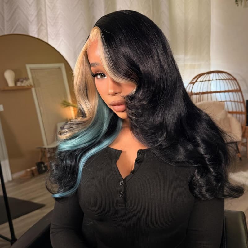 SWAY Black Platinum Blonde Split Teal Aqua Blue Money Piece Highlights 13x4 Lace Front Human Hair Wig
