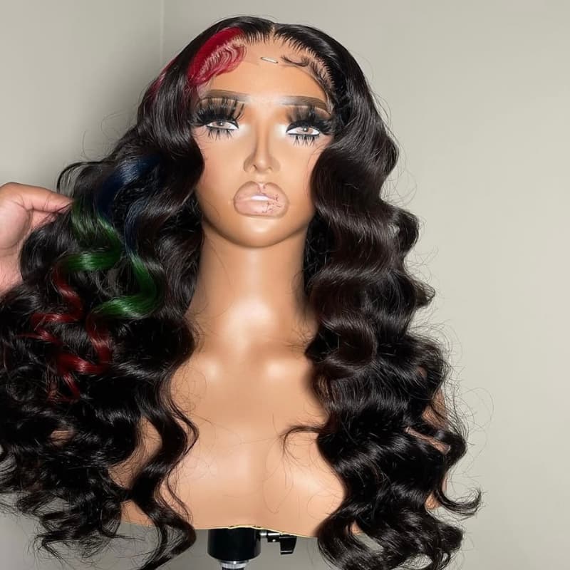 SWAY Black Red Blue Green Multi Color 13x4 Lace Front Human Hair Wig