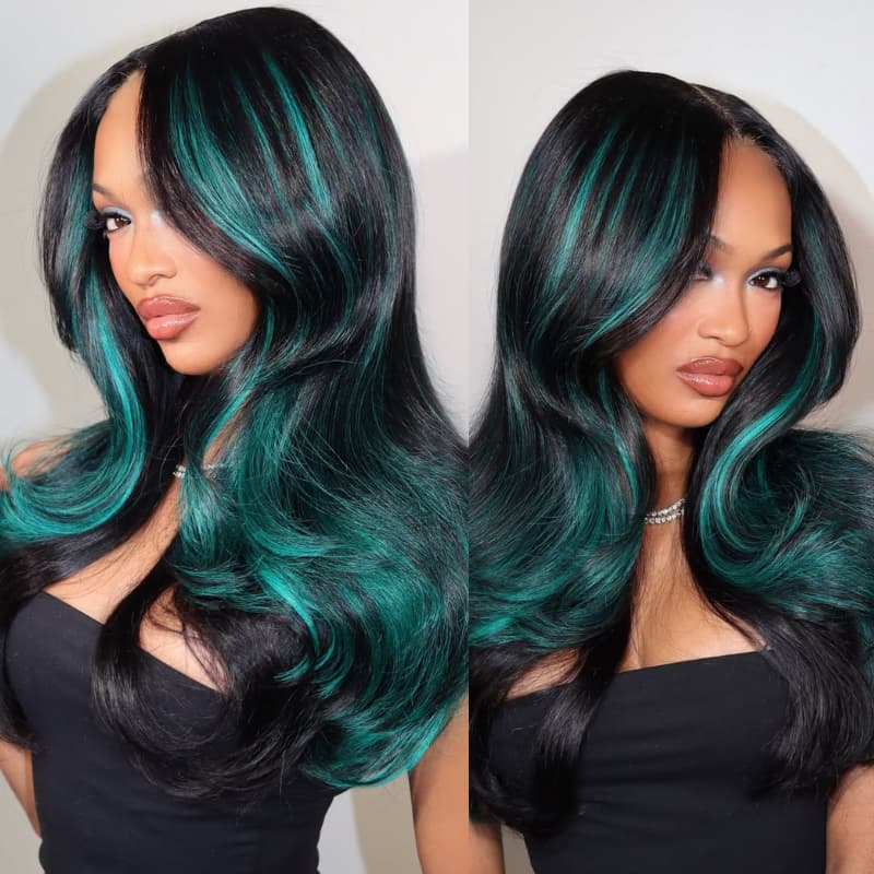 SWAY Black Teal Green Highlight 13x4 Lace Front Human Hair Wig 200 Density