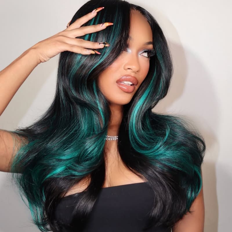 SWAY Black Teal Green Highlight 13x4 Lace Front Human Hair Wig 200 Density