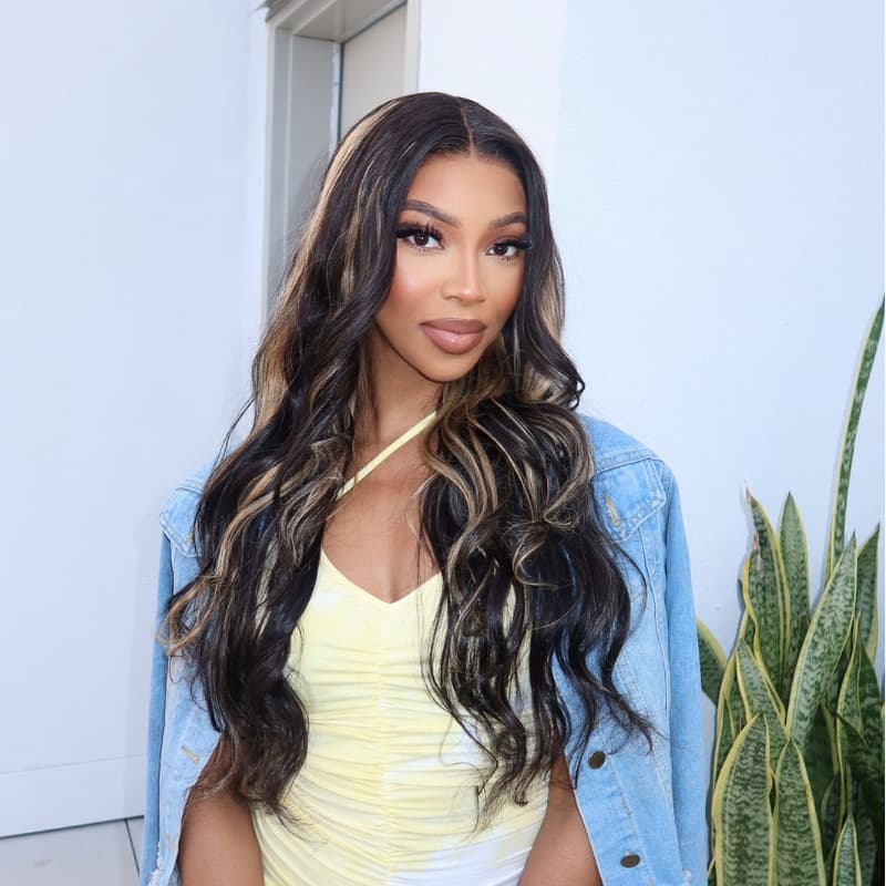 SWAY Black With Brown Highlights Luxury Summer Beach Vacations 13x4 Lace Front Human Hair Wig