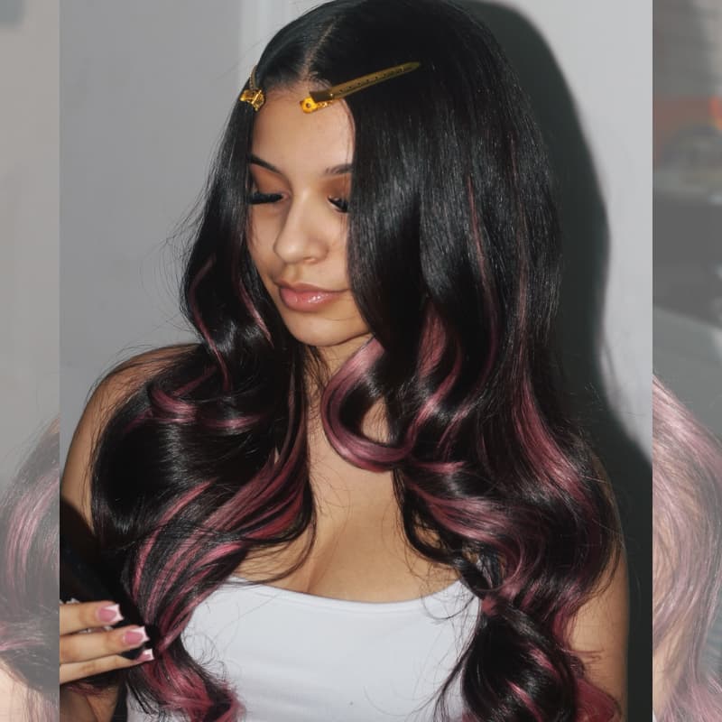 SWAY Black With Dusty Rose Pink Streaks 13x4 Lace Front Virgin Human Hair Wig