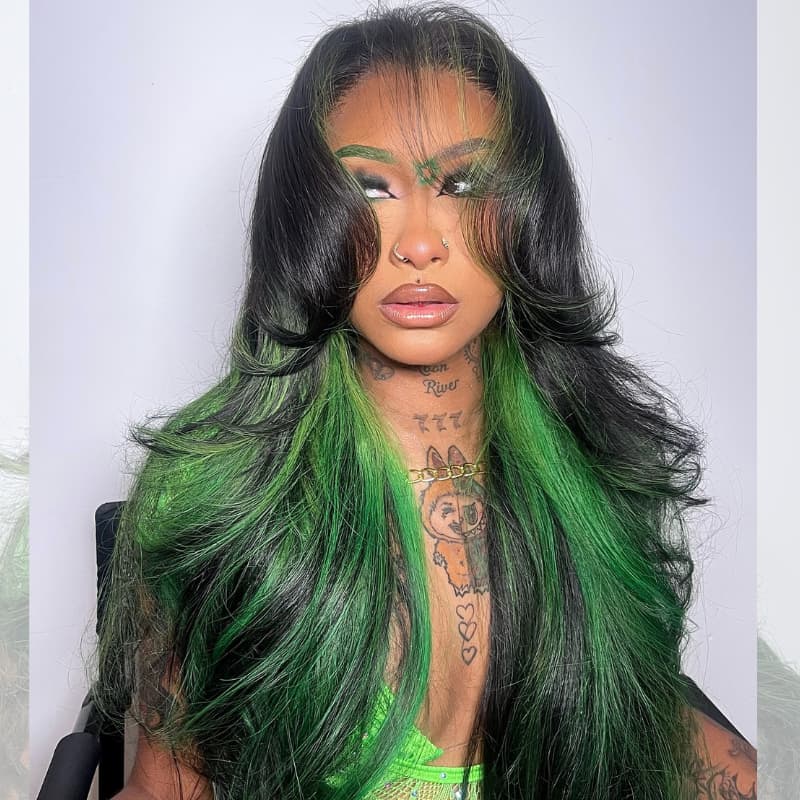SWAY Black With Emerald Green Highlights Face-Framing Luxury Layered Blowout 13x4 Lace Front Human Hair Wigs