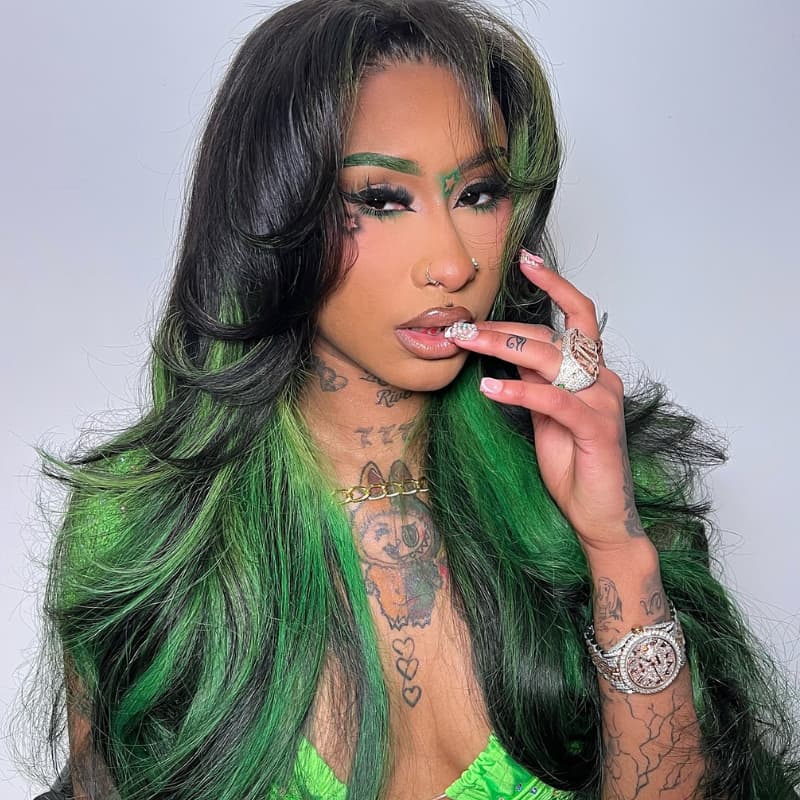 SWAY Black With Emerald Green Highlights Face-Framing Luxury Layered Blowout 13x4 Lace Front Human Hair Wigs