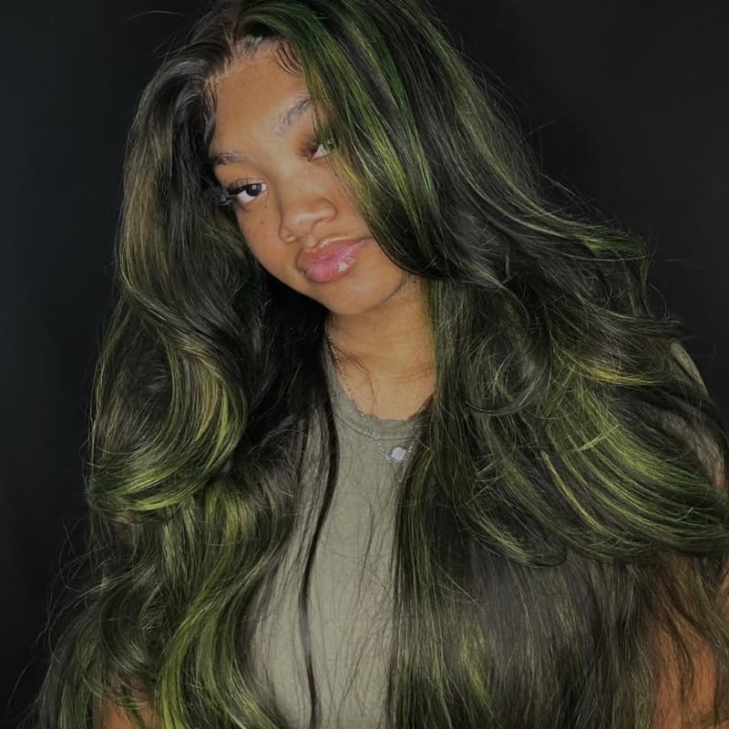 SWAY Black With Green Highlights 13x4 Lace Front Virgin Human Hair Wig