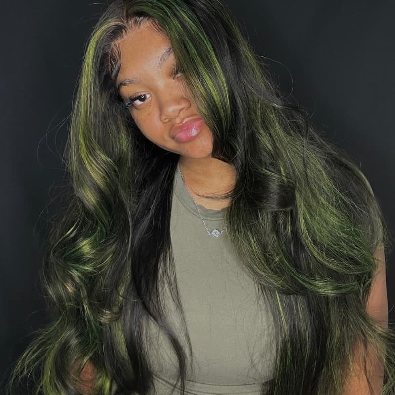 SWAY Black With Green Highlights 13x4 Lace Front Virgin Human Hair Wig
