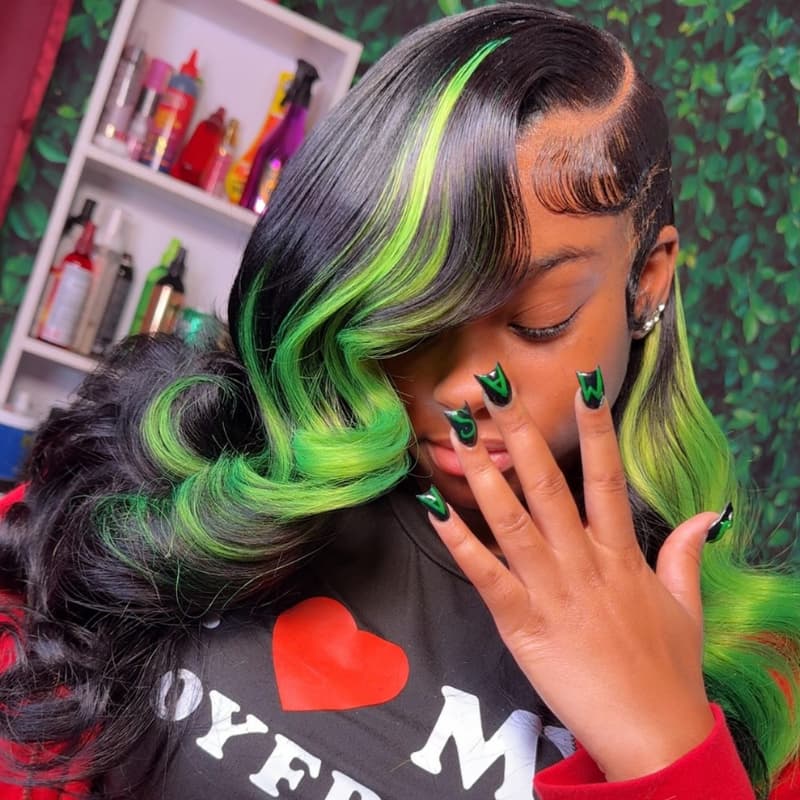 SWAY Black With Green Highlights Streaks 13x4 Lace Front Virgin Human Hair Wigs
