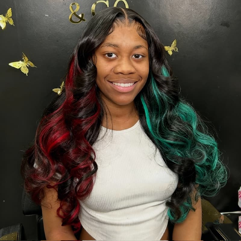 SWAY Black With Half Red Half Pastel Green Highlights 13x4 Lace Front Remy Human Hair Wigs