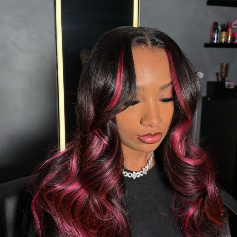 SWAY Black With Magenta Hot Pink Highlights 13x4 Lace Front Human Hair Wig