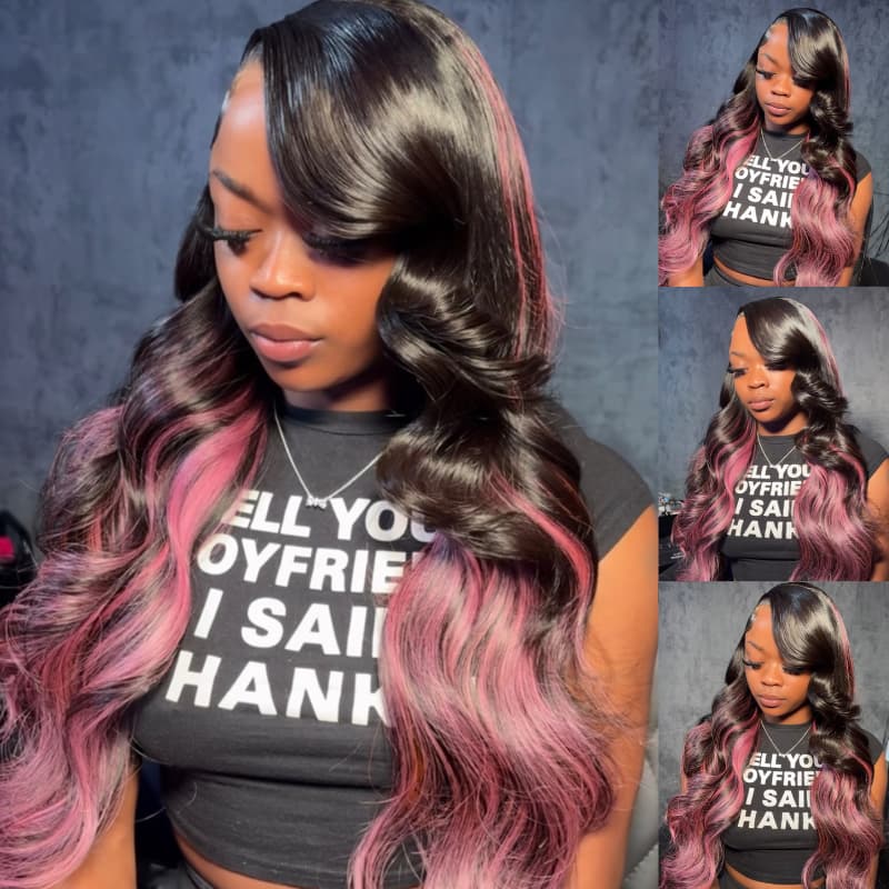 SWAY Black With Purple Pink Highlights 13x4 Lace Front Human Hair Wig