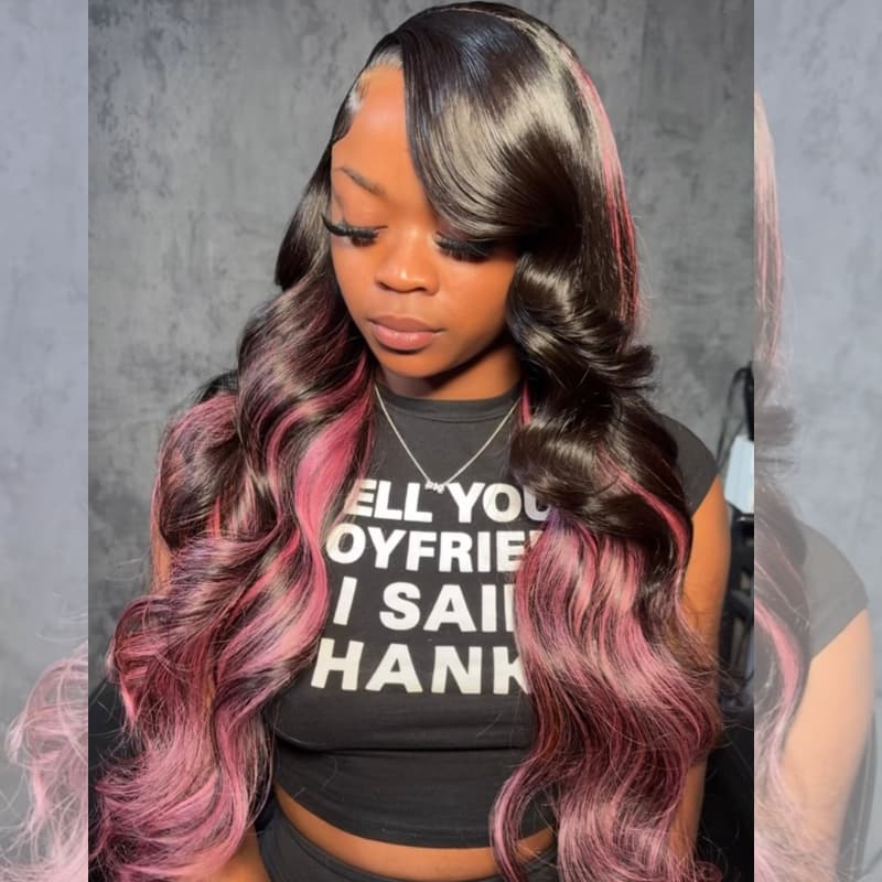 SWAY Black With Purple Pink Highlights 13x4 Lace Front Human Hair Wig