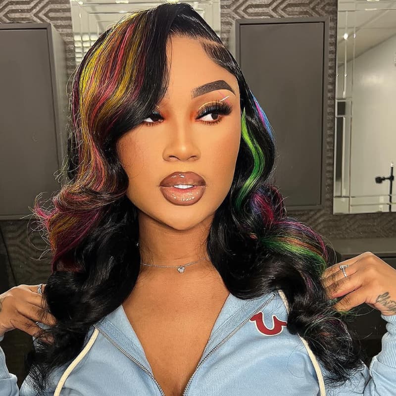 SWAY Black With Red Yellow Green Blue Highlights 13x4 Lace Front Human Hair Wigs