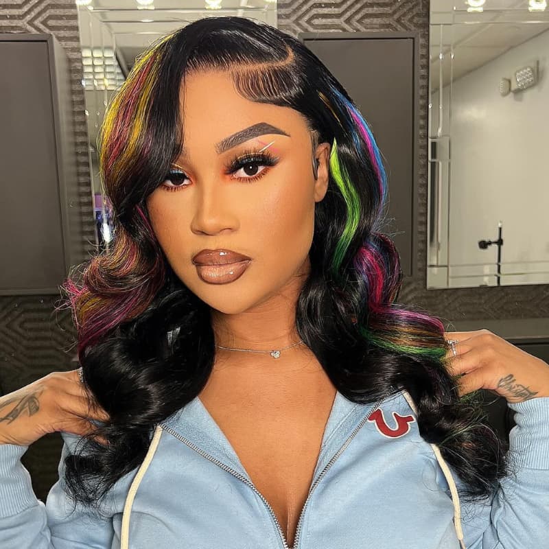 SWAY Black With Red Yellow Green Blue Highlights 13x4 Lace Front Human Hair Wigs