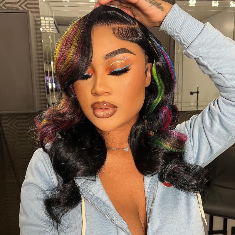 SWAY Black With Red Yellow Green Blue Highlights 13x4 Lace Front Human Hair Wigs