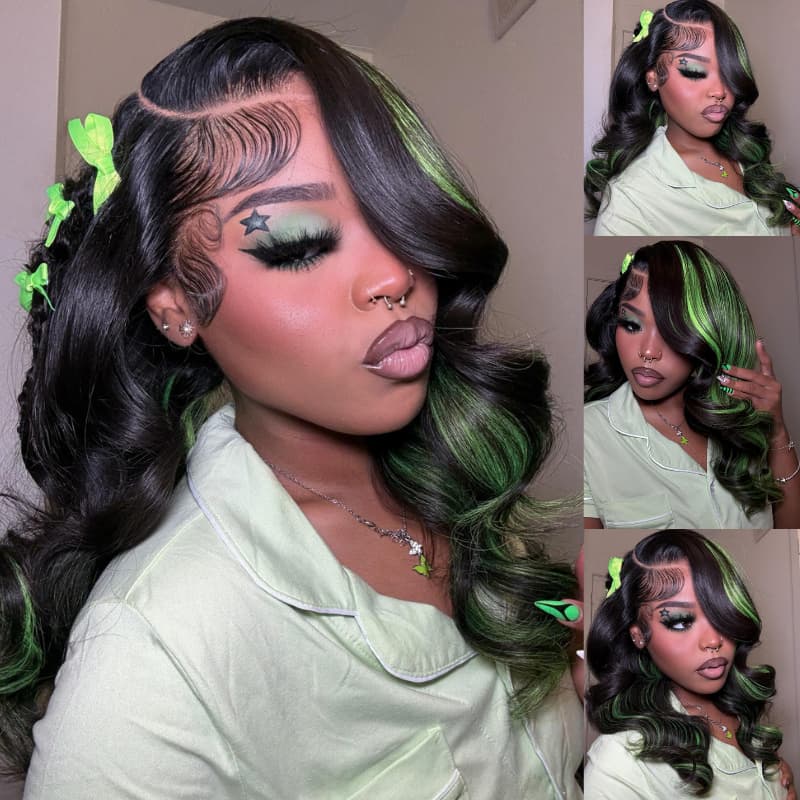 SWAY Black with Green Highlights Money Piece Color 13x4 Lace Front Human Hair Wig