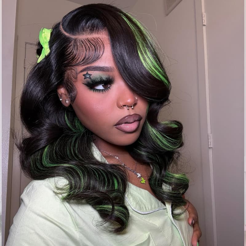 SWAY Black with Green Highlights Money Piece Color 13x4 Lace Front Human Hair Wig