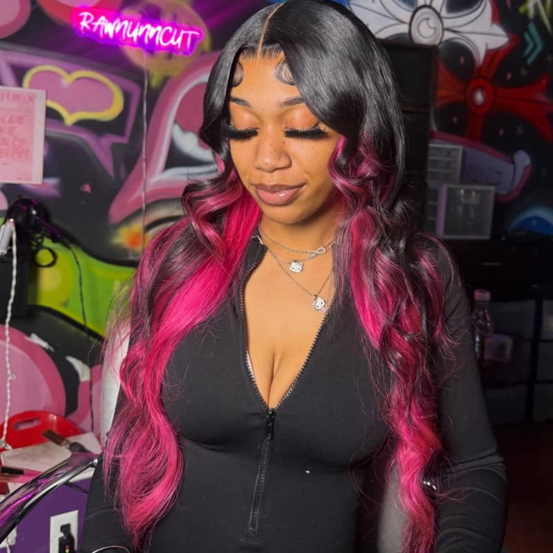 SWAY Black with Hot Pink Money Piece Streaks 13x4 Lace Front Human Hair Wig