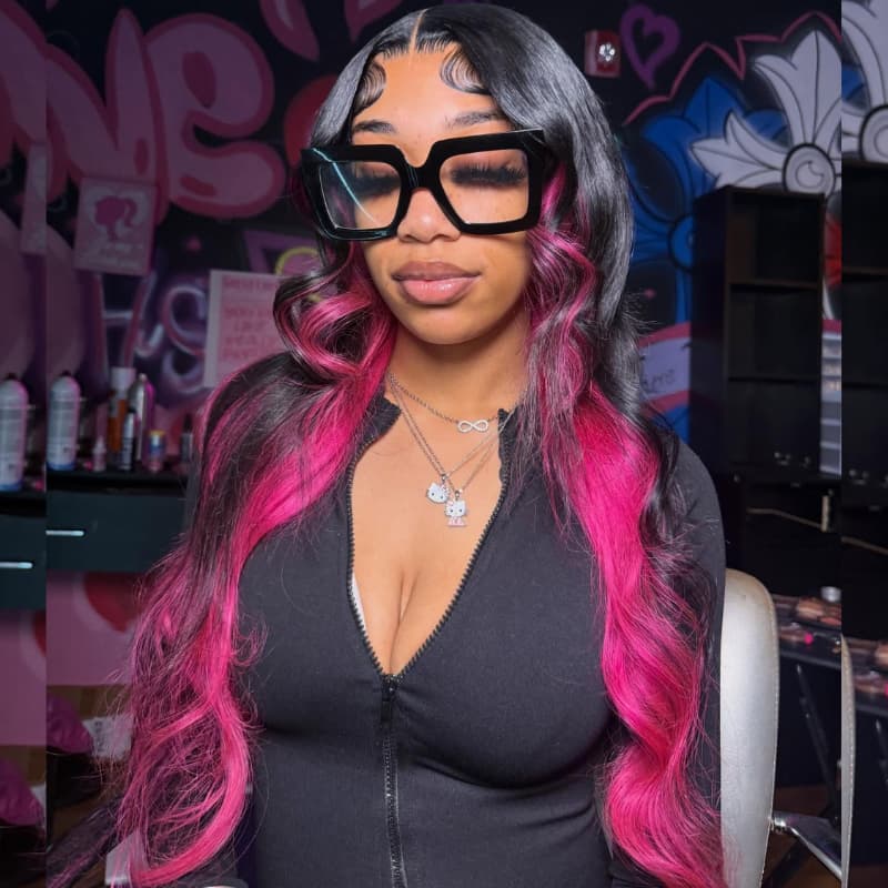 SWAY Black with Hot Pink Money Piece Streaks 13x4 Lace Front Human Hair Wig