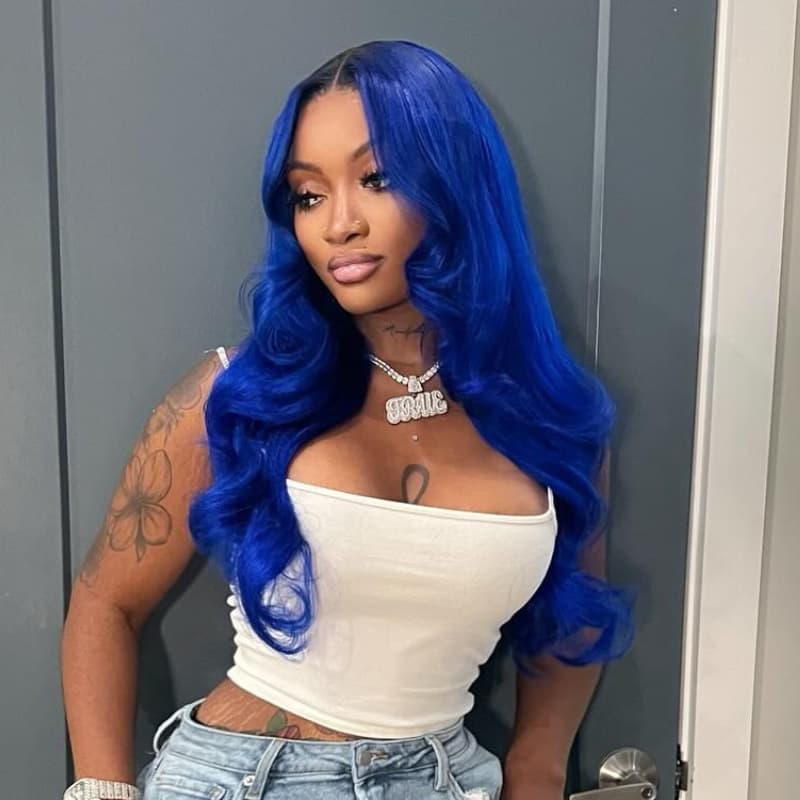SWAY Blue With Dark Roots 13x4 Lace Front Virgin Remy Human Hair Wigs 200 Density