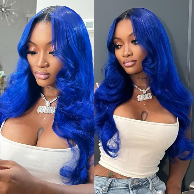 SWAY Blue With Dark Roots 13x4 Lace Front Virgin Remy Human Hair Wigs 200 Density