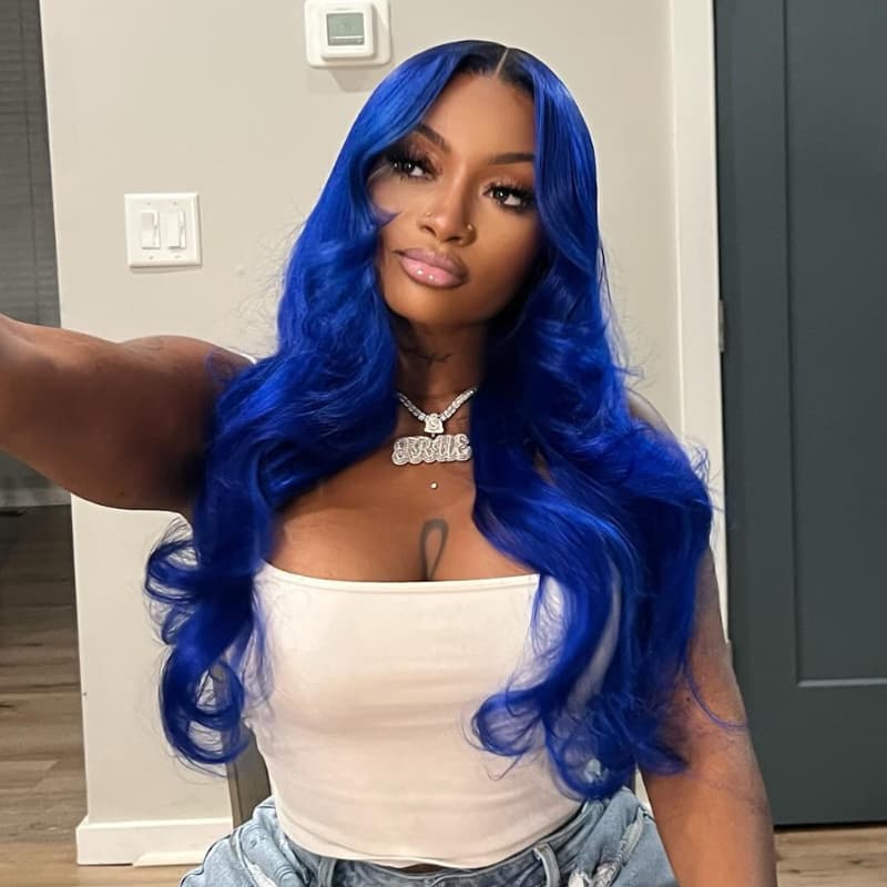SWAY Blue With Dark Roots 13x4 Lace Front Virgin Remy Human Hair Wigs 200 Density