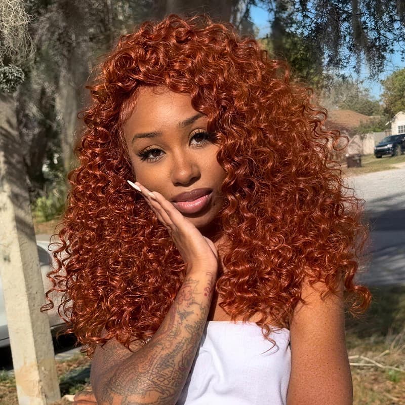 SWAY Bouncy Springy Coils Tight Curly Copper Reddish Orange Brown 300 Density 13x4 Lace Front Human Hair Wig