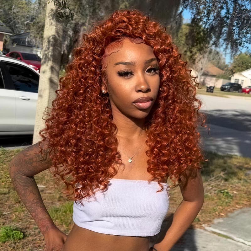 SWAY Bouncy Springy Coils Tight Curly Copper Reddish Orange Brown 300 Density 13x4 Lace Front Human Hair Wig