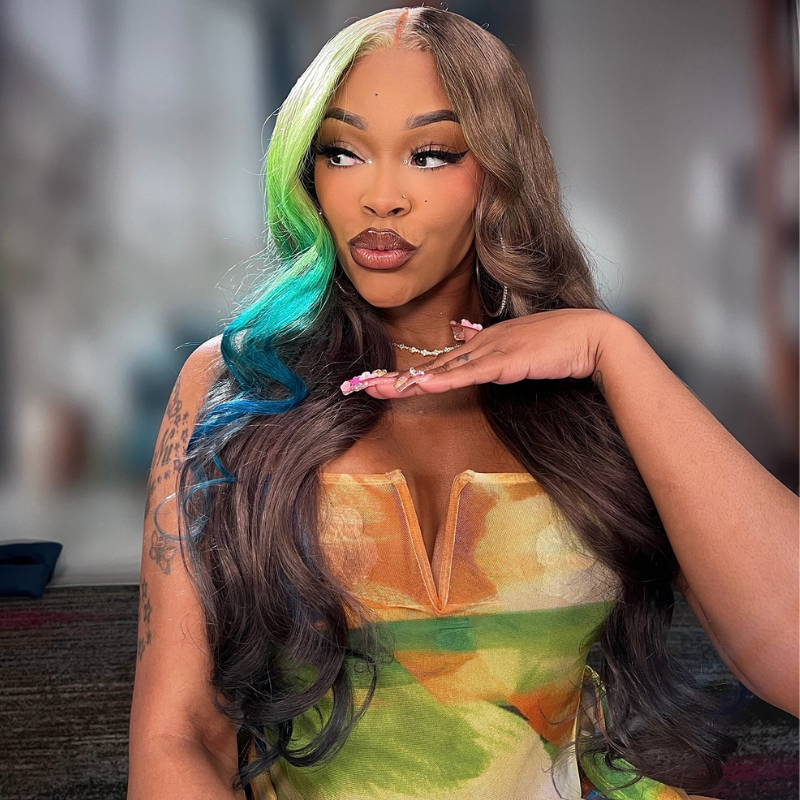 SWAY Brown With Ombre Blonde Green Blue Streaks 13x4 Lace Front Remy Human Hair Wigs
