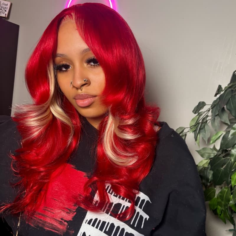 SWAY Burgundy Hot Red With Blonde Highlights 13x4 Lace Front Human Hair Wigs 200 Density