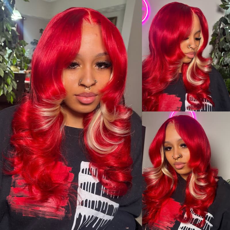 SWAY Burgundy Hot Red With Blonde Highlights 13x4 Lace Front Human Hair Wigs 200 Density