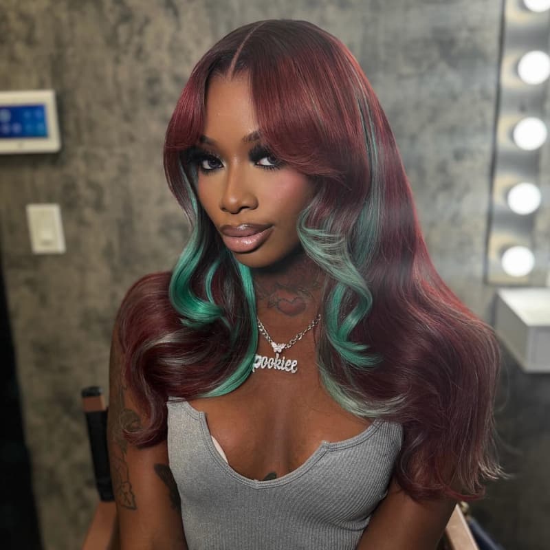 SWAY Burgundy Red With Pastel Green Highlights 13x4 Lace Front Virgin Human Hair Wigs