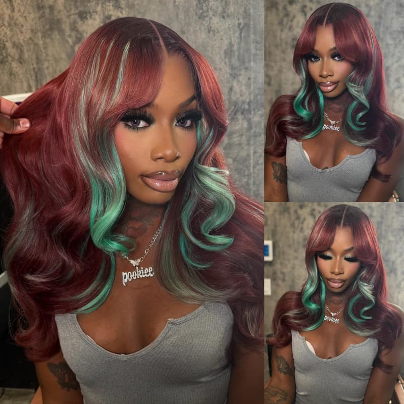 SWAY Burgundy Red With Pastel Green Highlights 13x4 Lace Front Virgin Human Hair Wigs