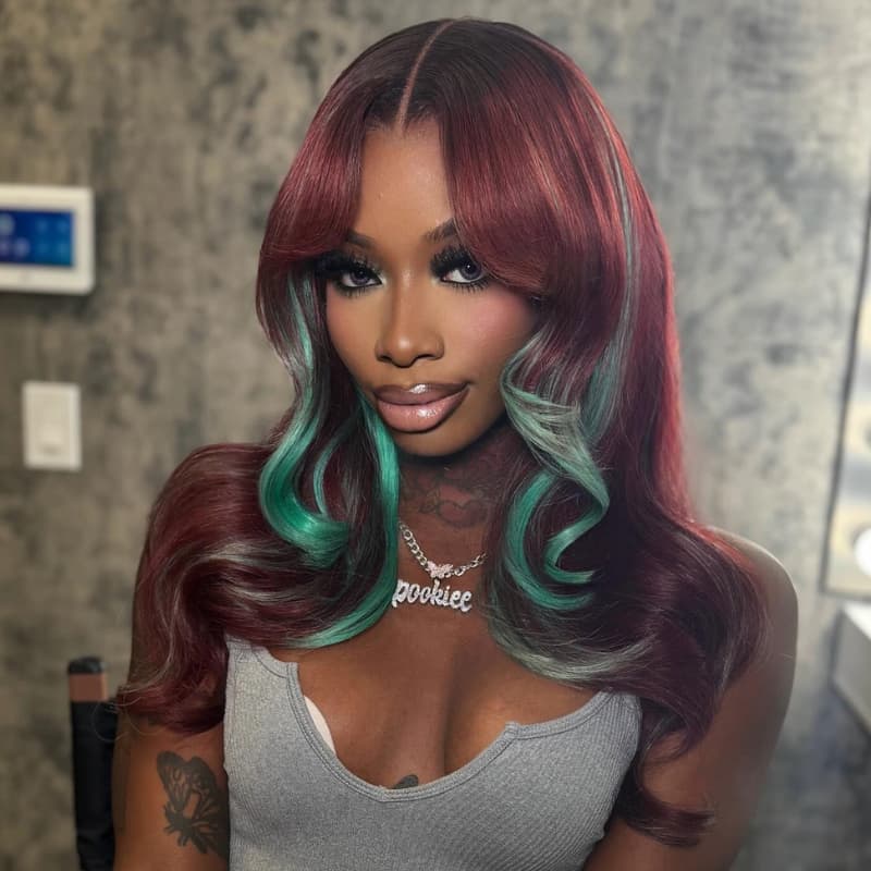 SWAY Burgundy Red With Pastel Green Highlights 13x4 Lace Front Virgin Human Hair Wigs