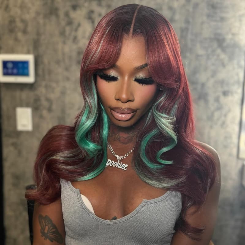SWAY Burgundy Red With Pastel Green Highlights 13x4 Lace Front Virgin Human Hair Wigs