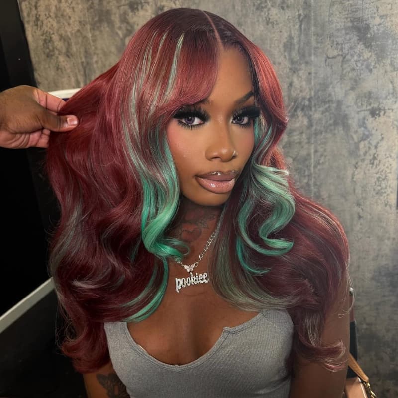 SWAY Burgundy Red With Pastel Green Highlights 13x4 Lace Front Virgin Human Hair Wigs