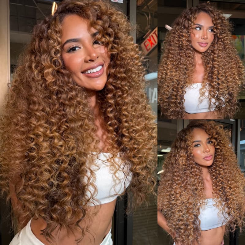 SWAY Caramel Blonde Brown Fluffy Spiral Deep Curly 13x4 Lace Front Human Hair Wigs