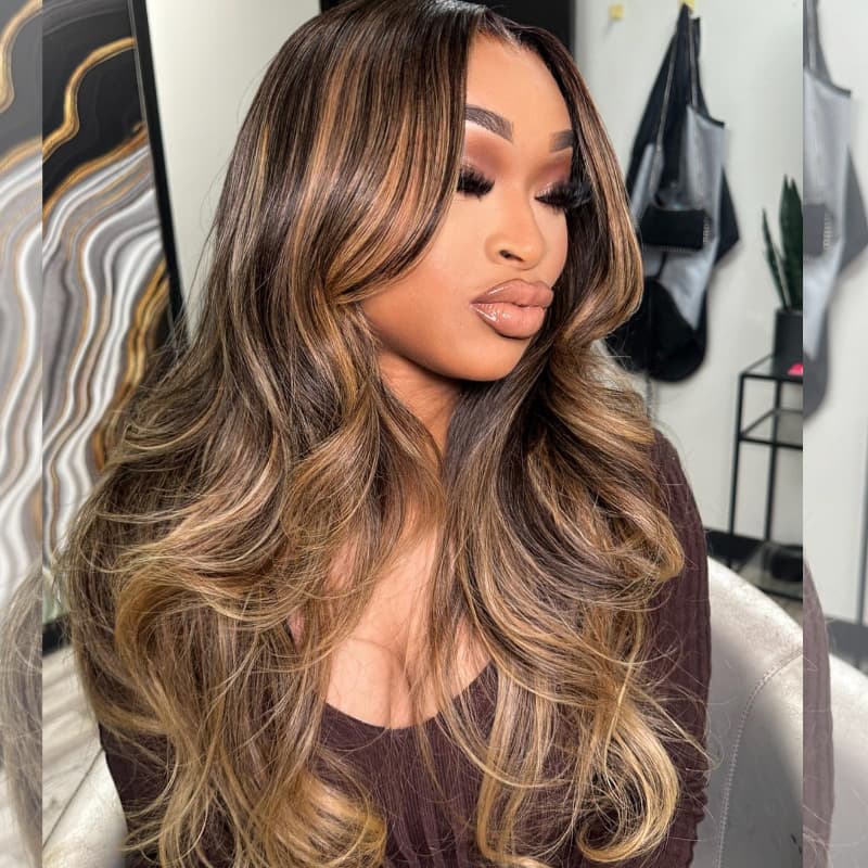 SWAY Caramel Brown Honey Blonde Highlights 13x4 Lace Front Human Hair Wigs 200 Density